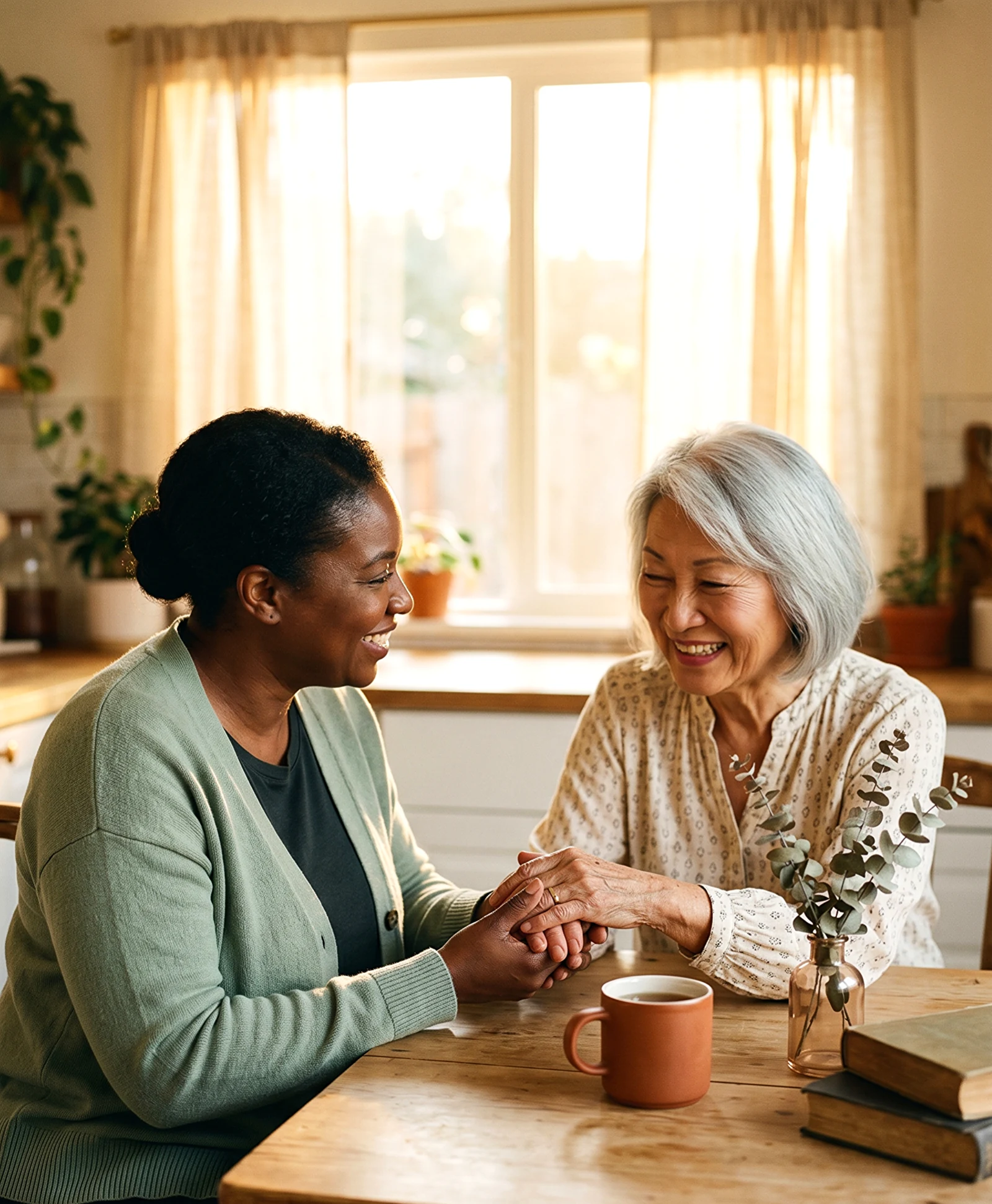 A Black caregiver holding the hand of a smiling older Asian woman at a sunlit kitchen table during golden hour