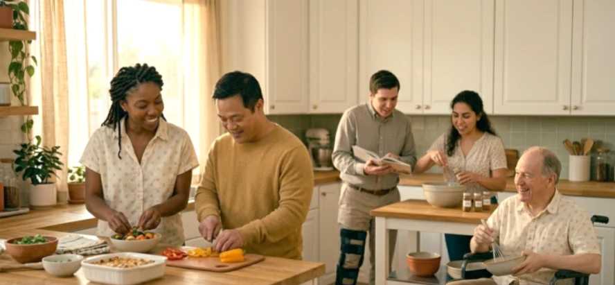 A diverse group of family members and support workers cooking together in a sunlit kitchen — community, belonging, and shared activity
