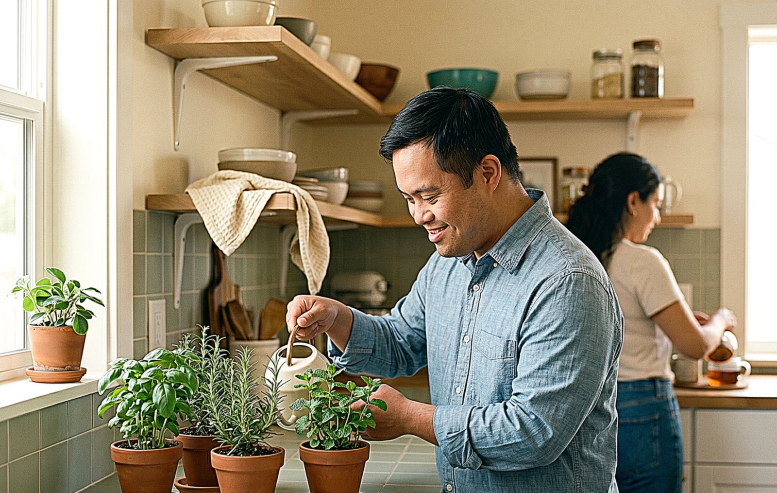 An adult with developmental disabilities engaged in an independent daily-living activity with a support worker nearby