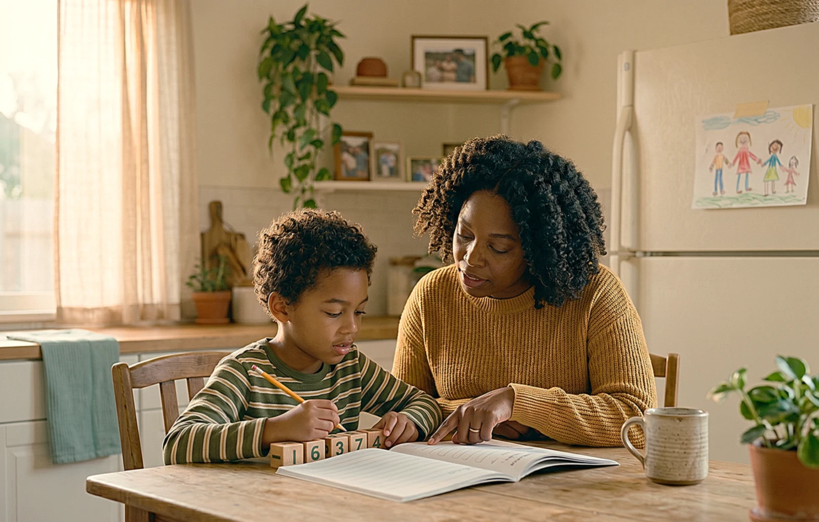 A caregiver sharing a supportive learning moment with a child at the kitchen table